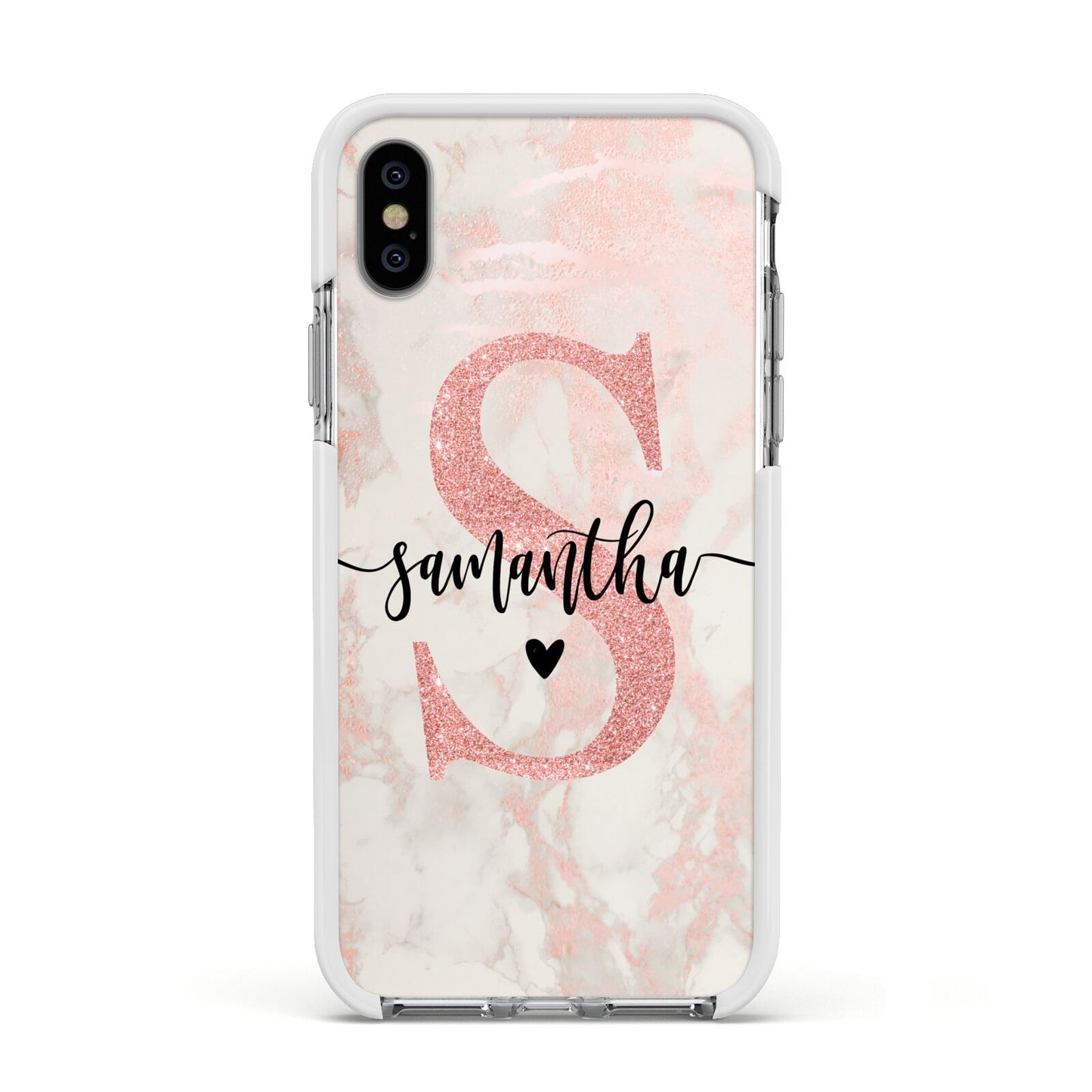 Pink Marble Glitter Monogram Personalised Name Apple iPhone Xs Impact Case White Edge on Silver Phone