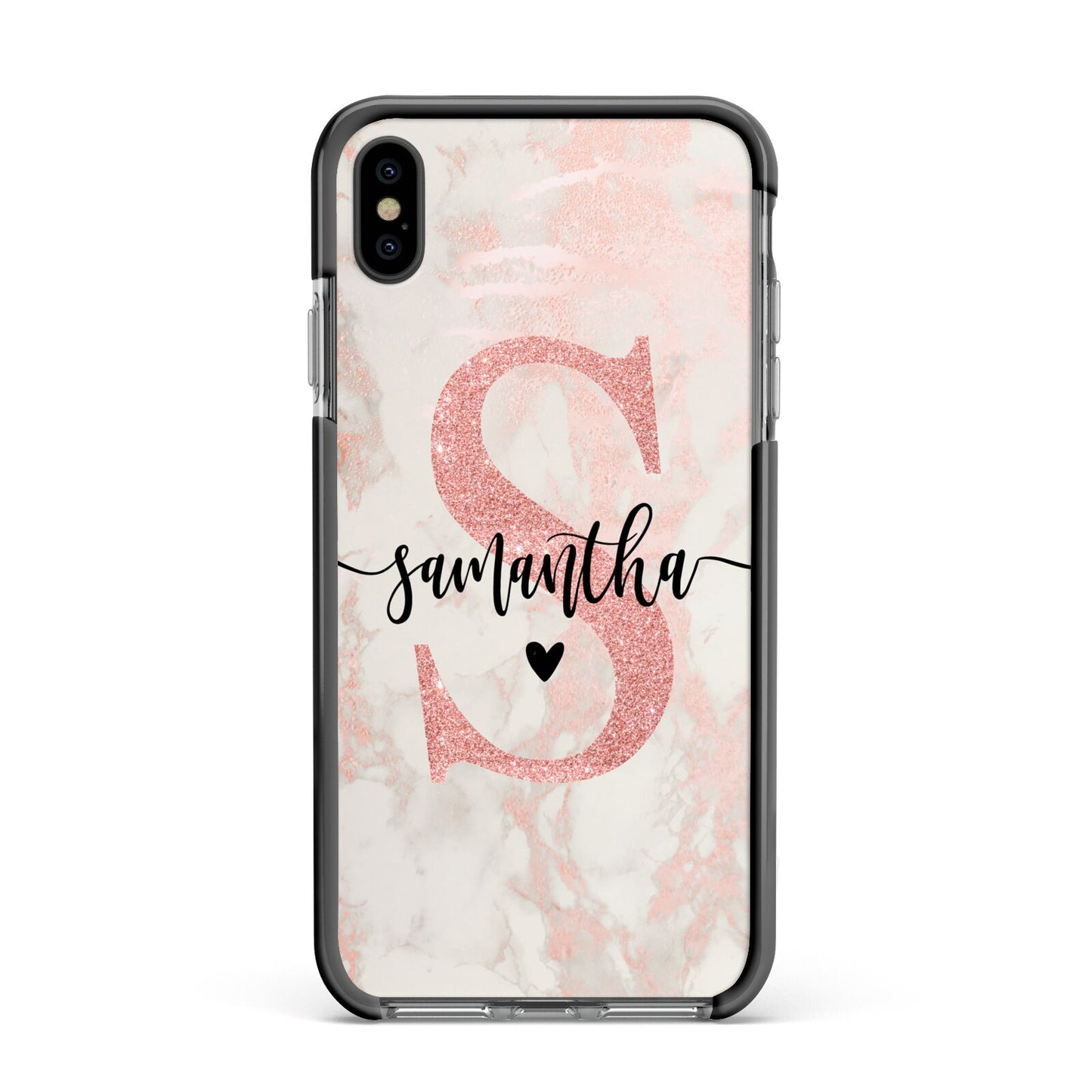 Pink Marble Glitter Monogram Personalised Name Apple iPhone Xs Max Impact Case Black Edge on Black Phone