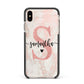 Pink Marble Glitter Monogram Personalised Name Apple iPhone Xs Max Impact Case Black Edge on Gold Phone