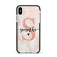 Pink Marble Glitter Monogram Personalised Name Apple iPhone Xs Max Impact Case Black Edge on Silver Phone