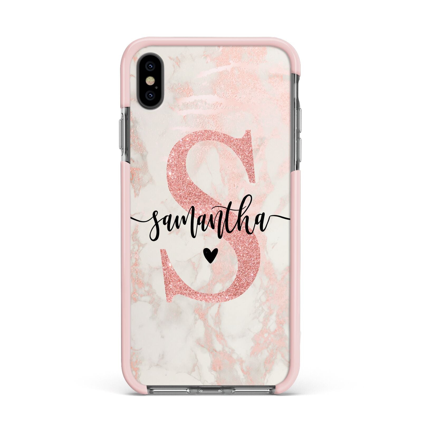 Pink Marble Glitter Monogram Personalised Name Apple iPhone Xs Max Impact Case Pink Edge on Black Phone