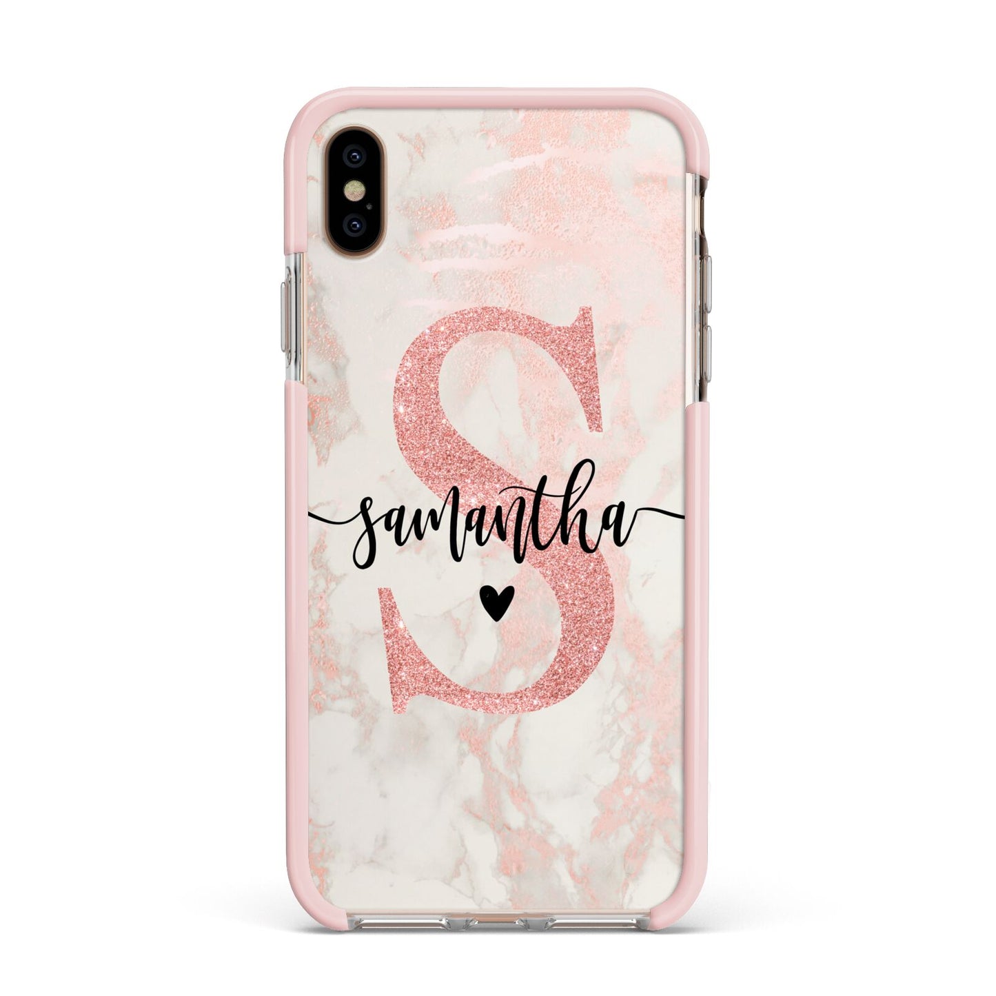 Pink Marble Glitter Monogram Personalised Name Apple iPhone Xs Max Impact Case Pink Edge on Gold Phone