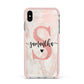 Pink Marble Glitter Monogram Personalised Name Apple iPhone Xs Max Impact Case Pink Edge on Silver Phone
