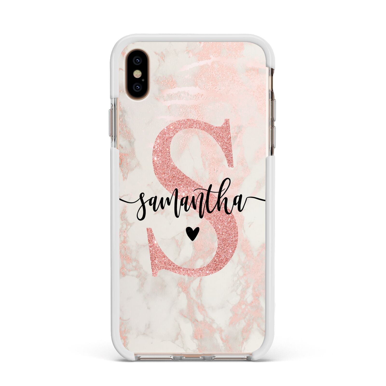 Pink Marble Glitter Monogram Personalised Name Apple iPhone Xs Max Impact Case White Edge on Gold Phone