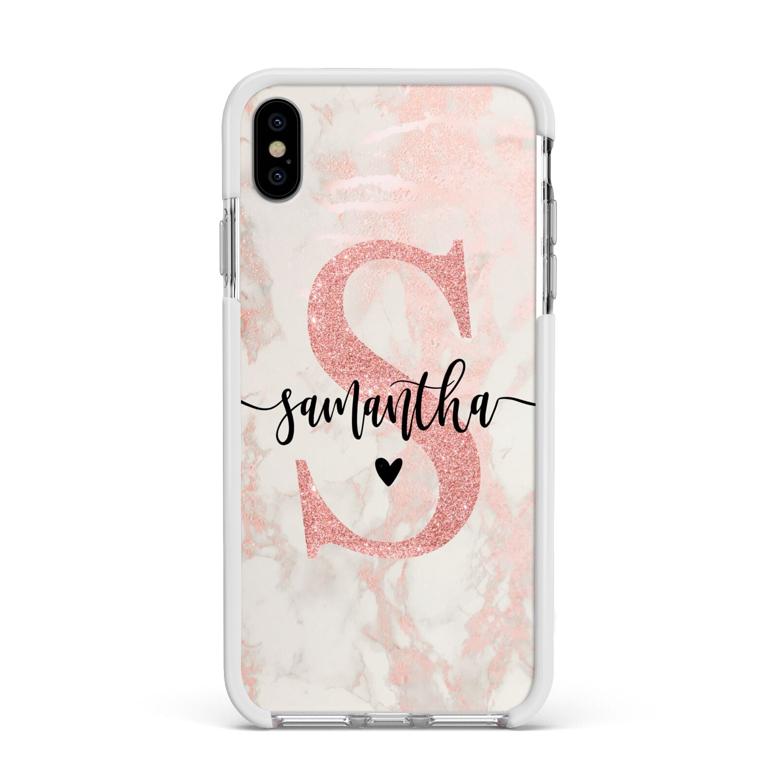 Pink Marble Glitter Monogram Personalised Name Apple iPhone Xs Max Impact Case White Edge on Silver Phone