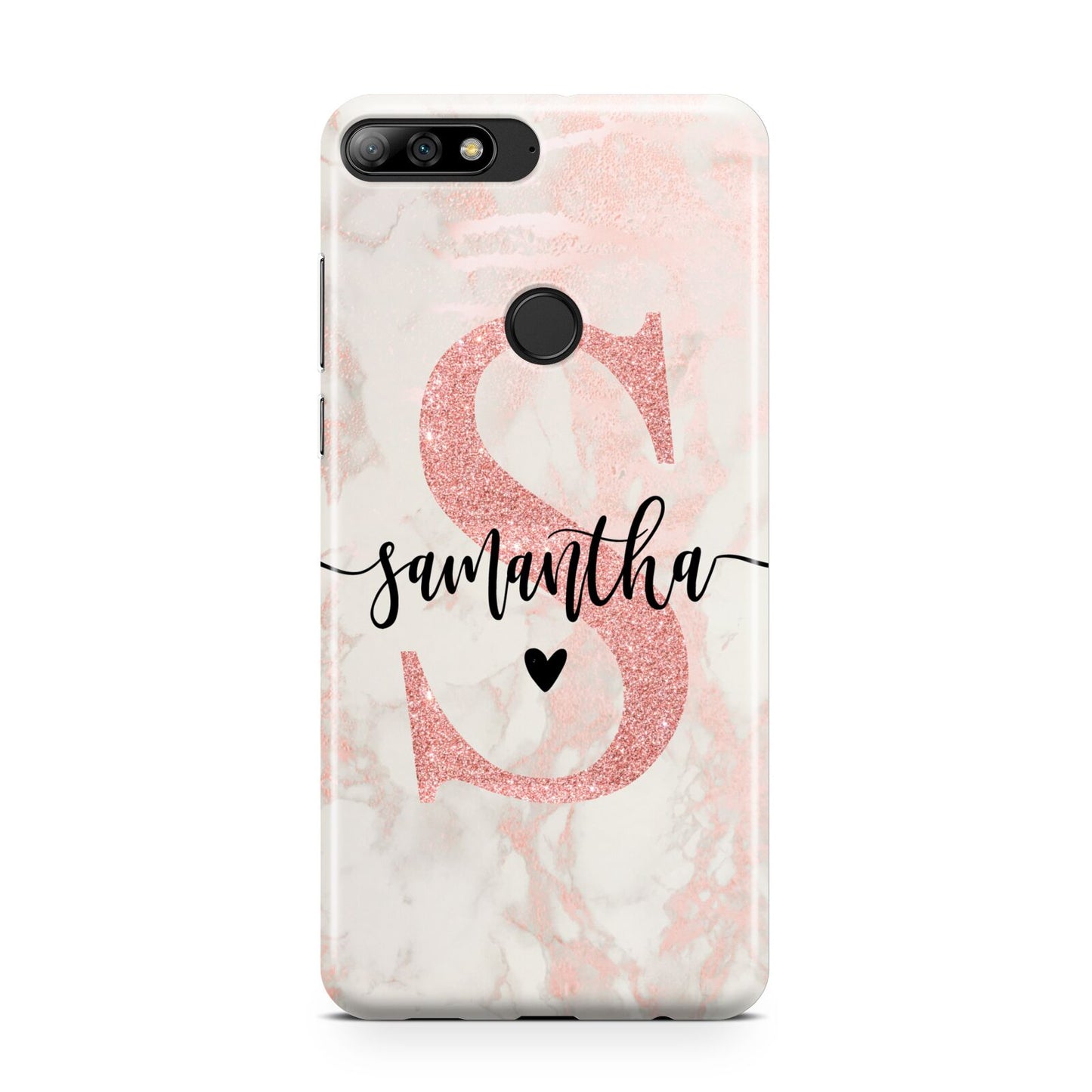 Pink Marble Glitter Monogram Personalised Name Huawei Y7 2018