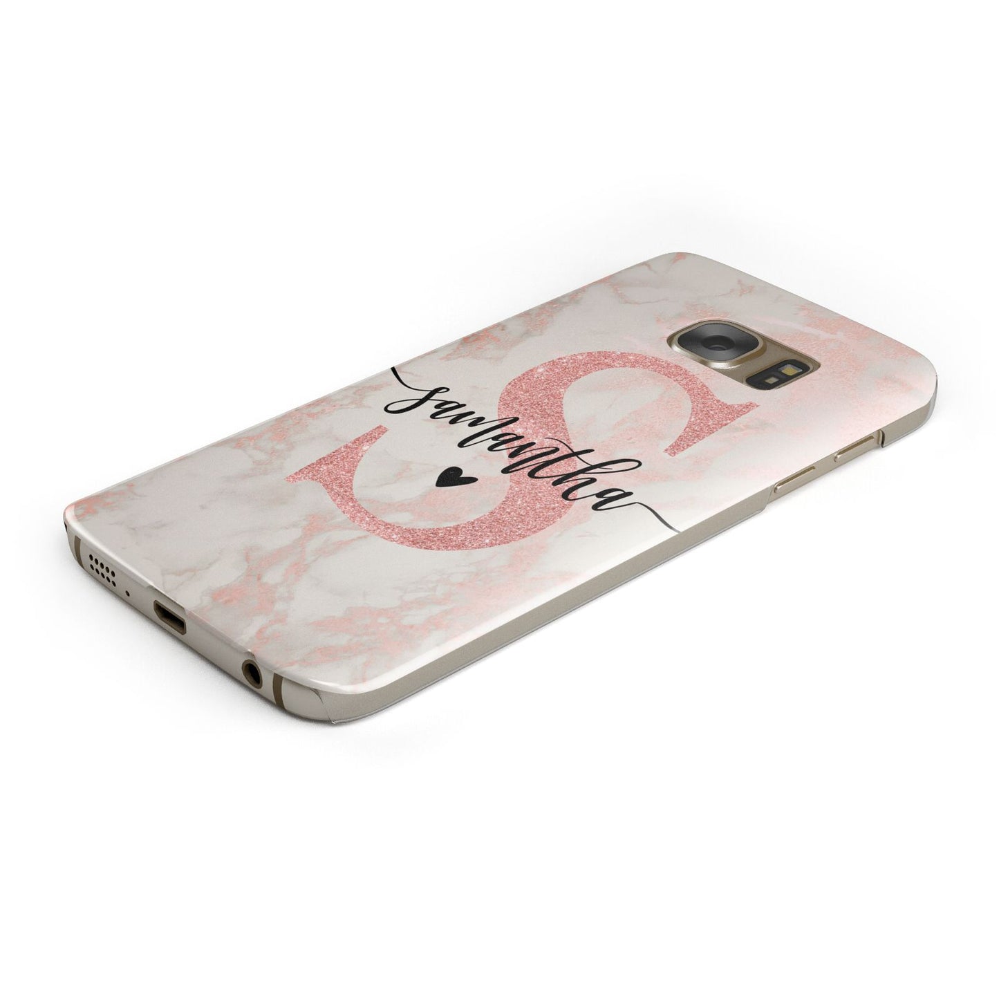 Pink Marble Glitter Monogram Personalised Name Protective Samsung Galaxy Case Angled Image