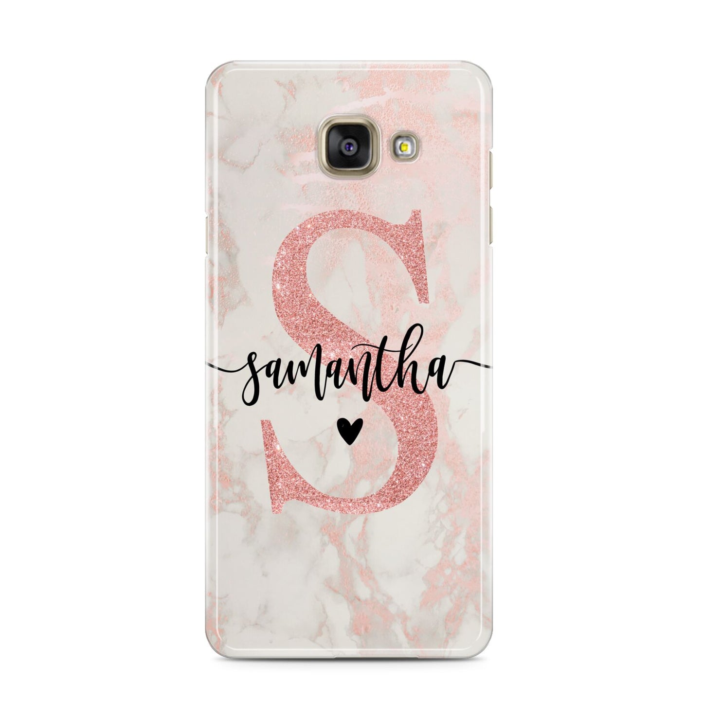 Pink Marble Glitter Monogram Personalised Name Samsung Galaxy A3 2016 Case on gold phone