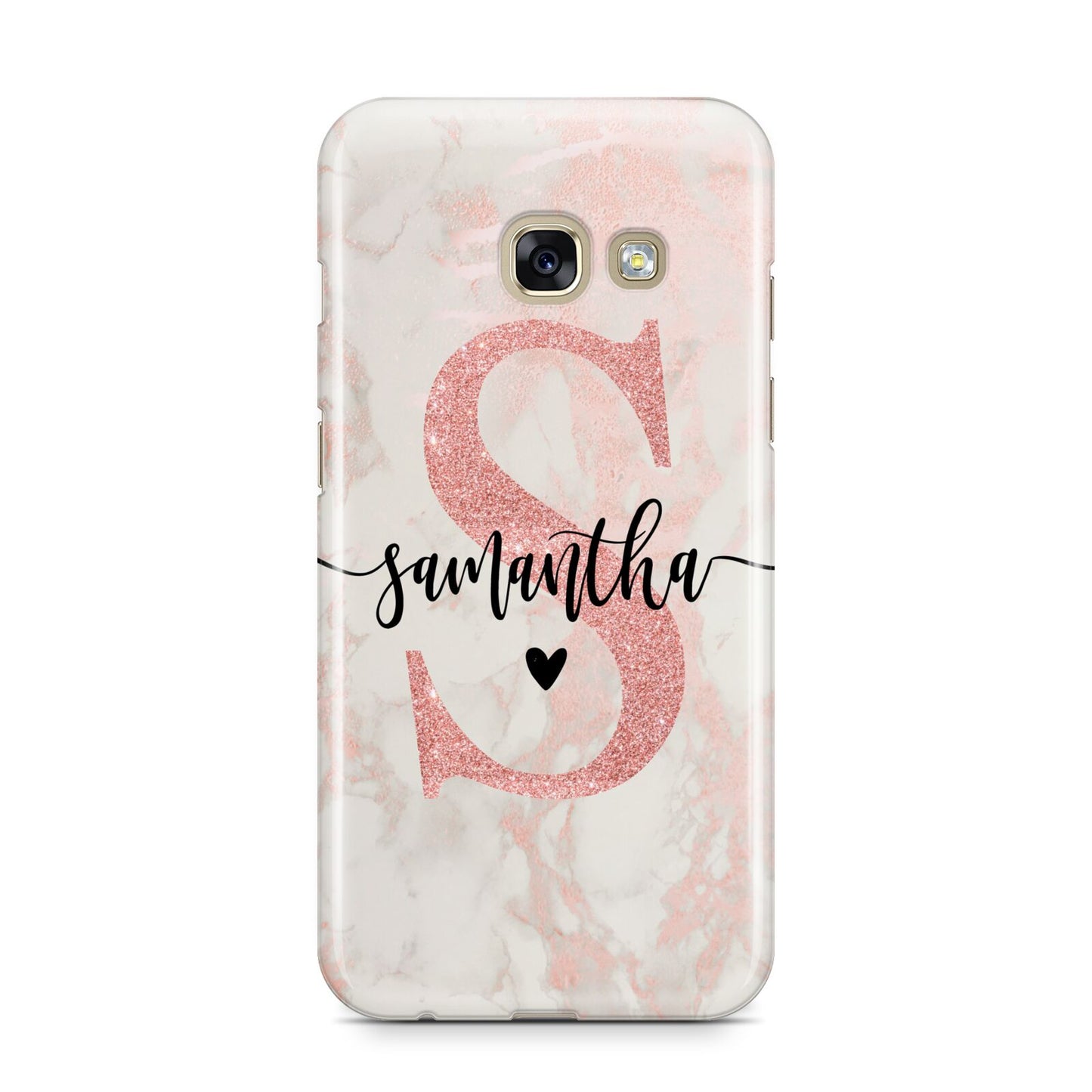 Pink Marble Glitter Monogram Personalised Name Samsung Galaxy A3 2017 Case on gold phone