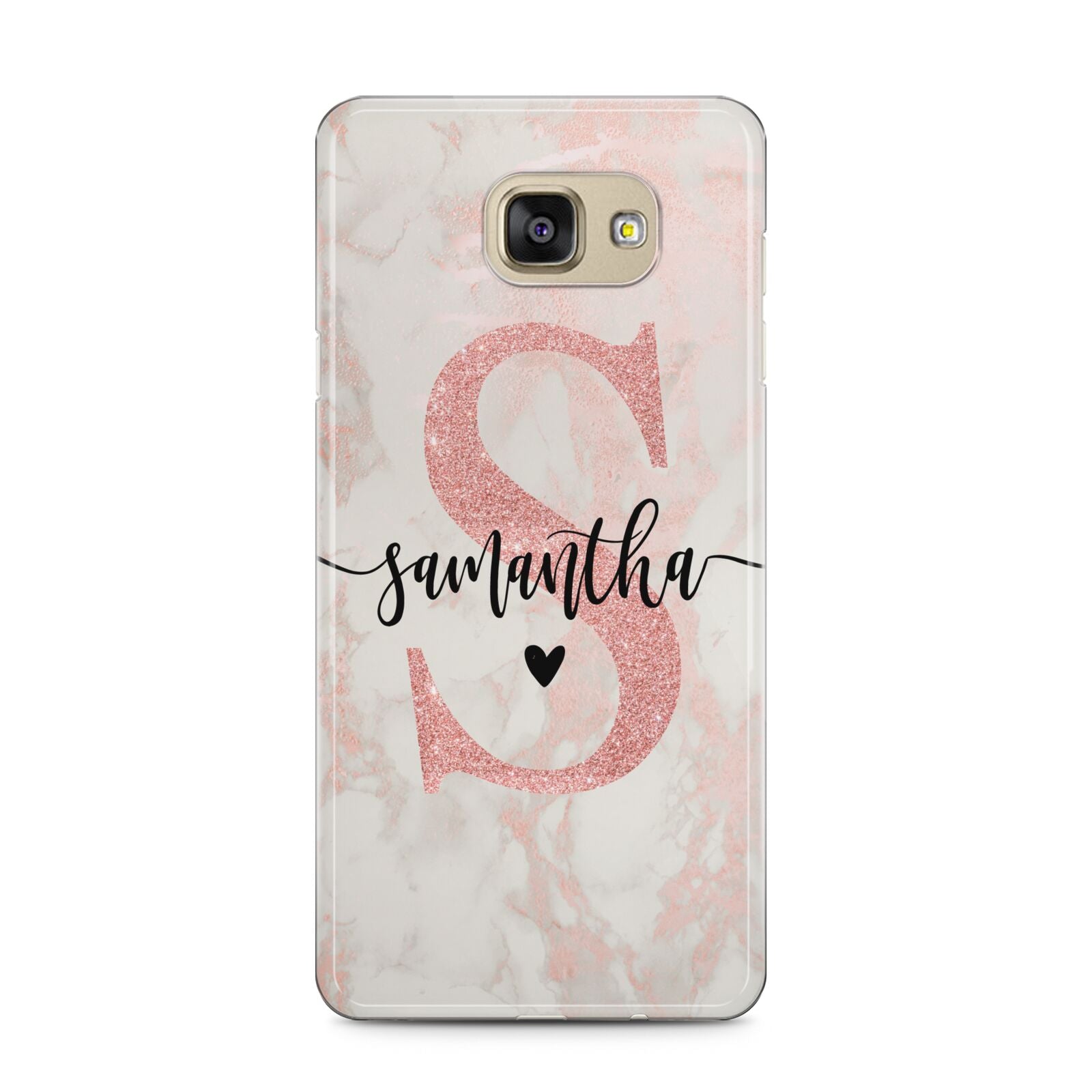 Pink Marble Glitter Monogram Personalised Name Samsung Galaxy A5 2016 Case on gold phone