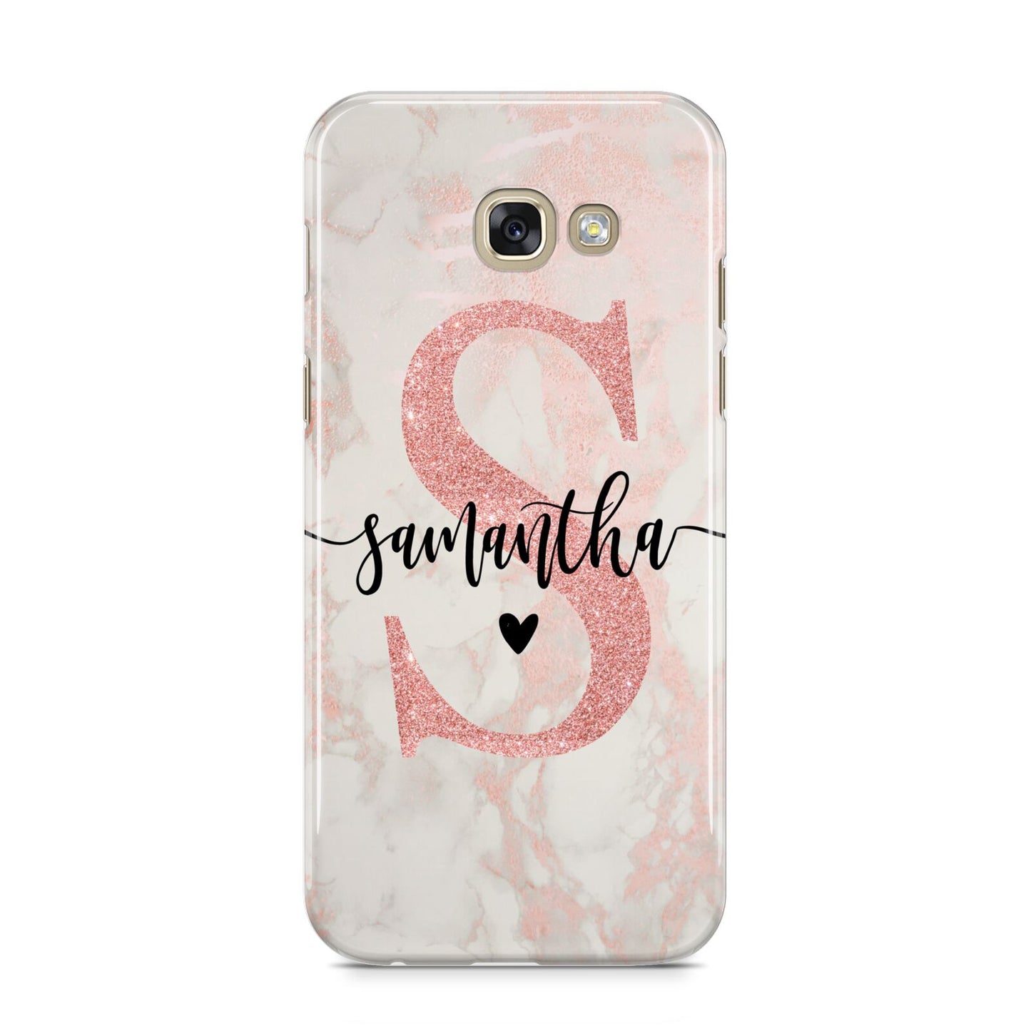 Pink Marble Glitter Monogram Personalised Name Samsung Galaxy A5 2017 Case on gold phone