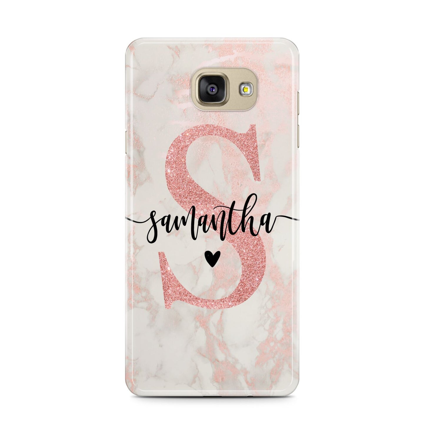 Pink Marble Glitter Monogram Personalised Name Samsung Galaxy A7 2016 Case on gold phone