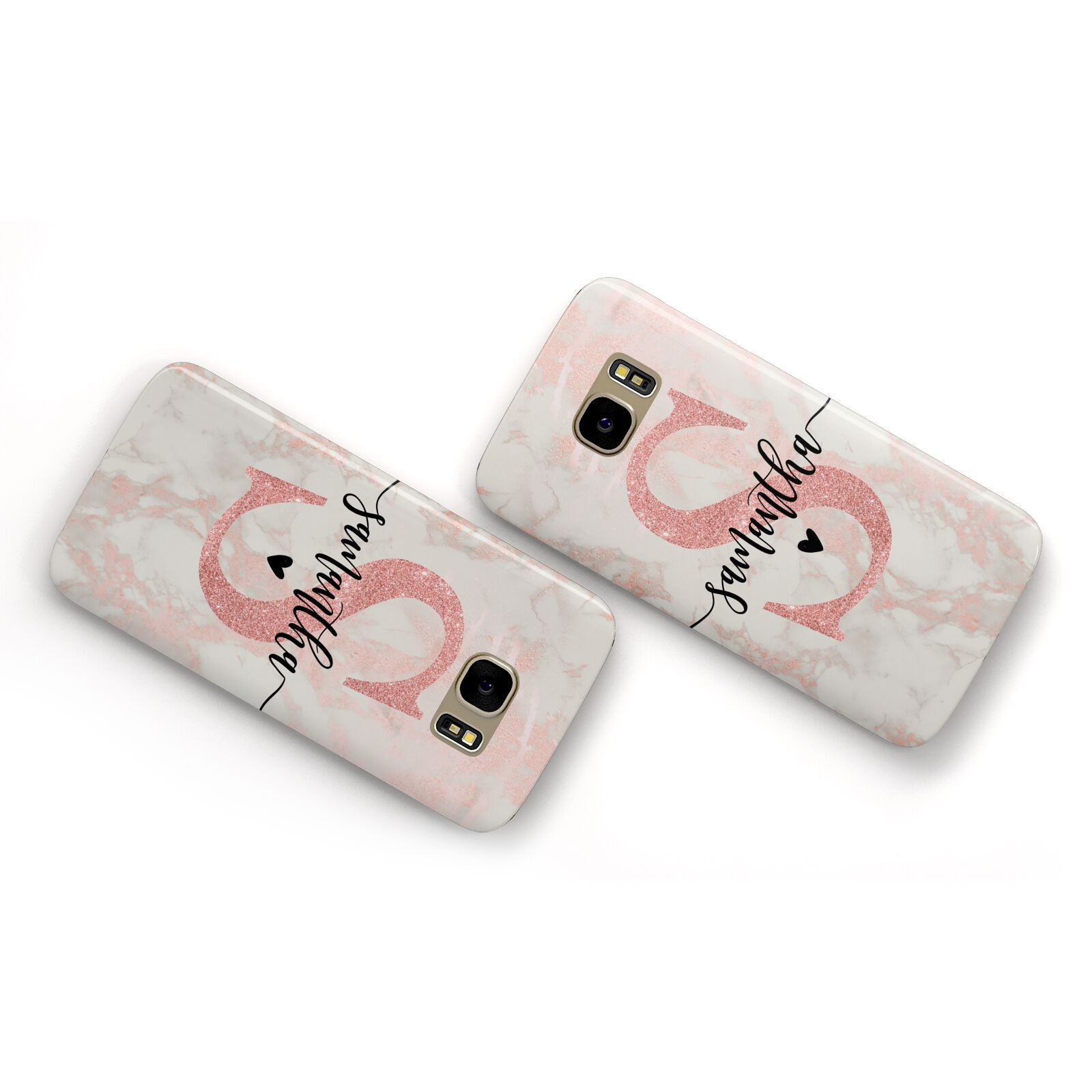 Pink Marble Glitter Monogram Personalised Name Samsung Galaxy Case Flat Overview