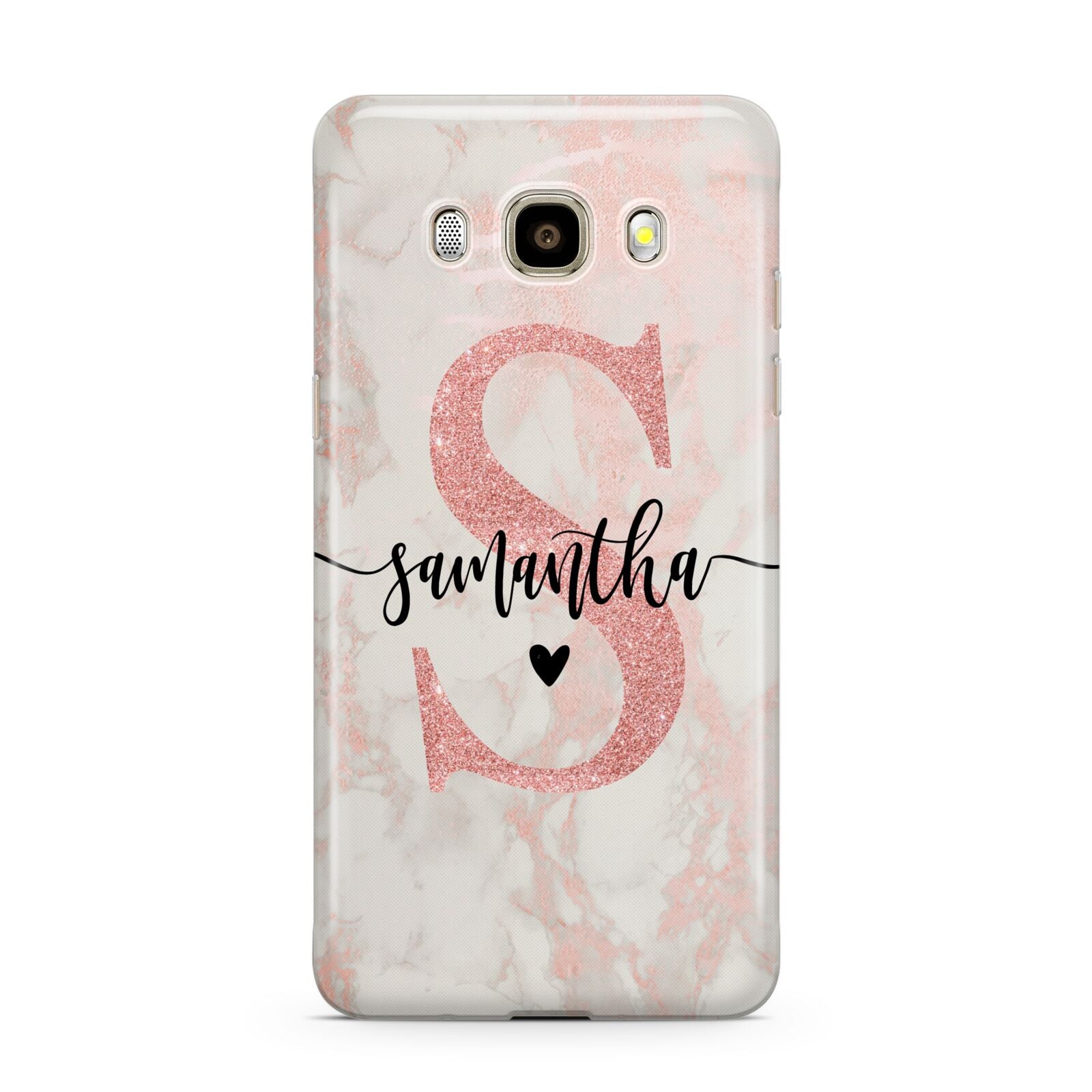 Pink Marble Glitter Monogram Personalised Name Samsung Galaxy J7 2016 Case on gold phone