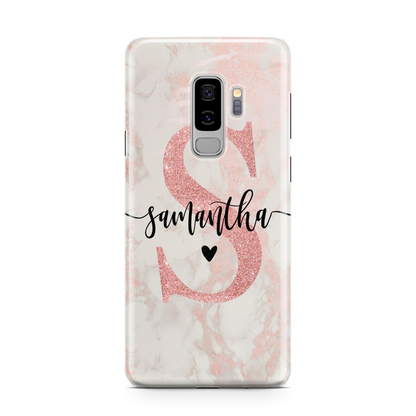 Pink Marble Glitter Monogram Personalised Name Samsung Galaxy S9 Plus Case on Silver phone