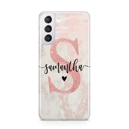 Pink Marble Glitter Monogram Personalised Name Samsung S21 Case