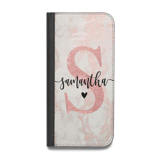 Pink Marble Glitter Monogram Personalised Name Vegan Leather Flip iPhone Case