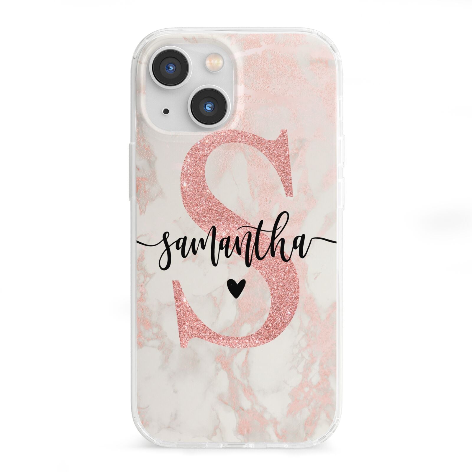 Pink Marble Glitter Monogram Personalised Name iPhone 13 Mini Clear Bumper Case