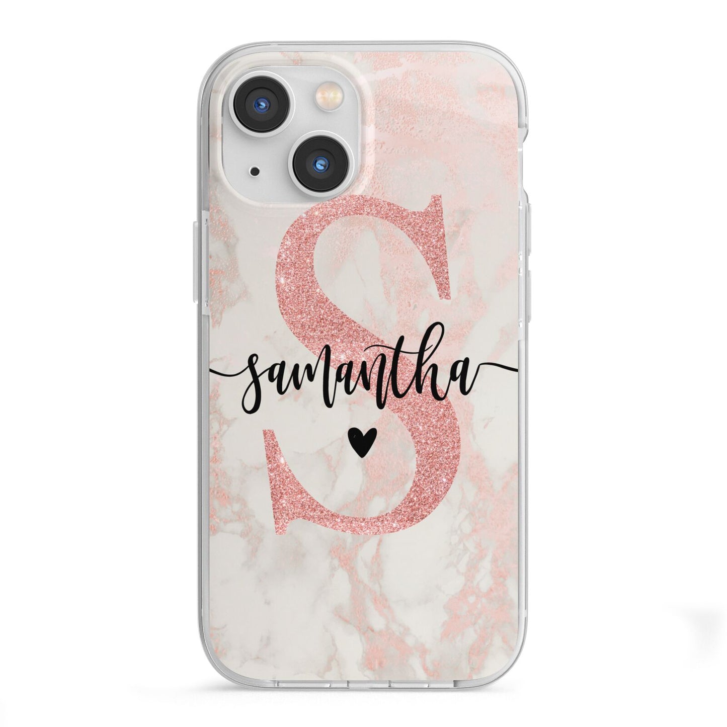 Pink Marble Glitter Monogram Personalised Name iPhone 13 Mini TPU Impact Case with White Edges