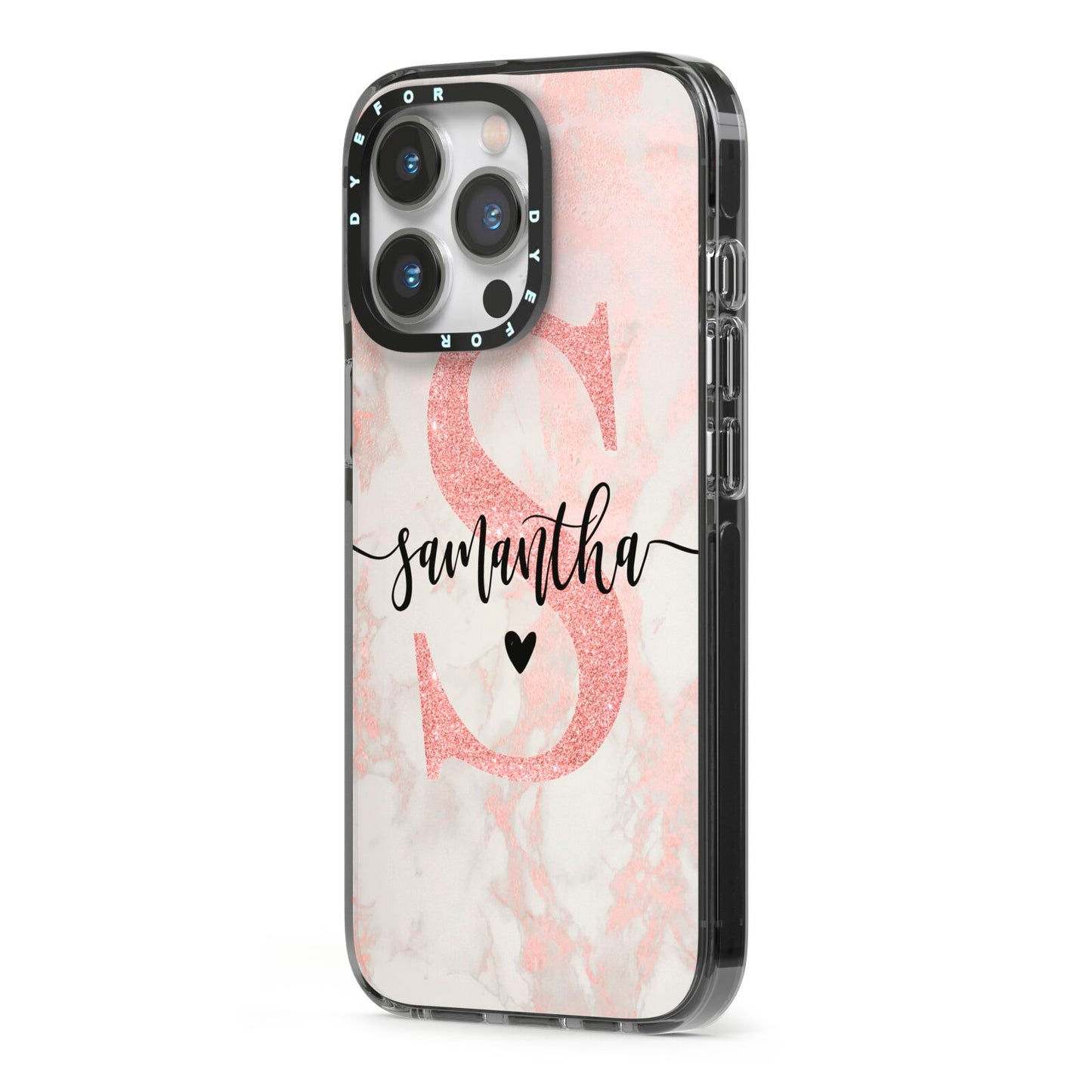 Pink Marble Glitter Monogram Personalised Name iPhone 13 Pro Black Impact Case Side Angle on Silver phone