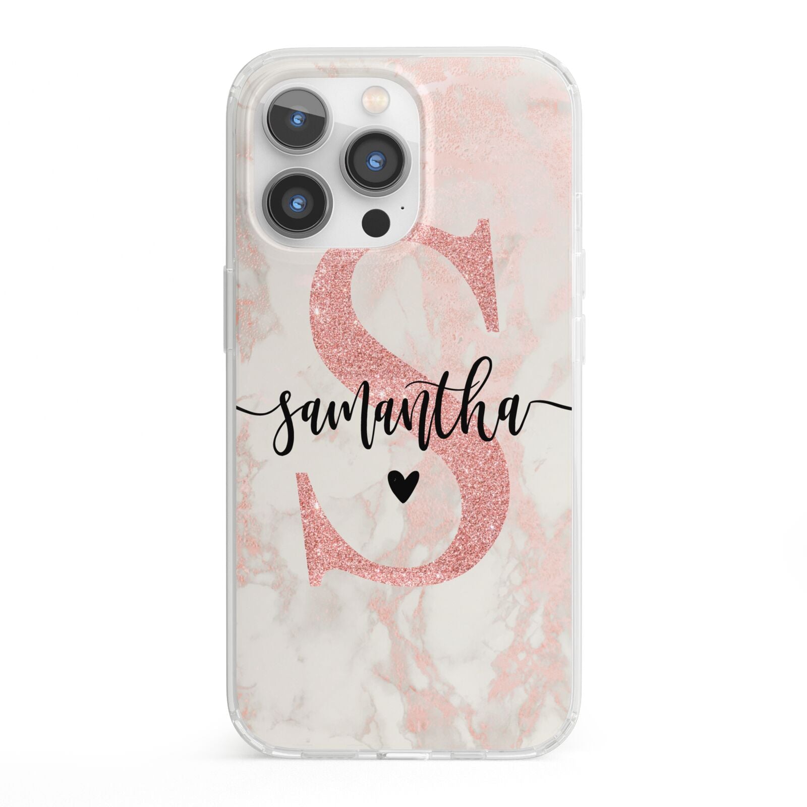 Pink Marble Glitter Monogram Personalised Name iPhone 13 Pro Clear Bumper Case
