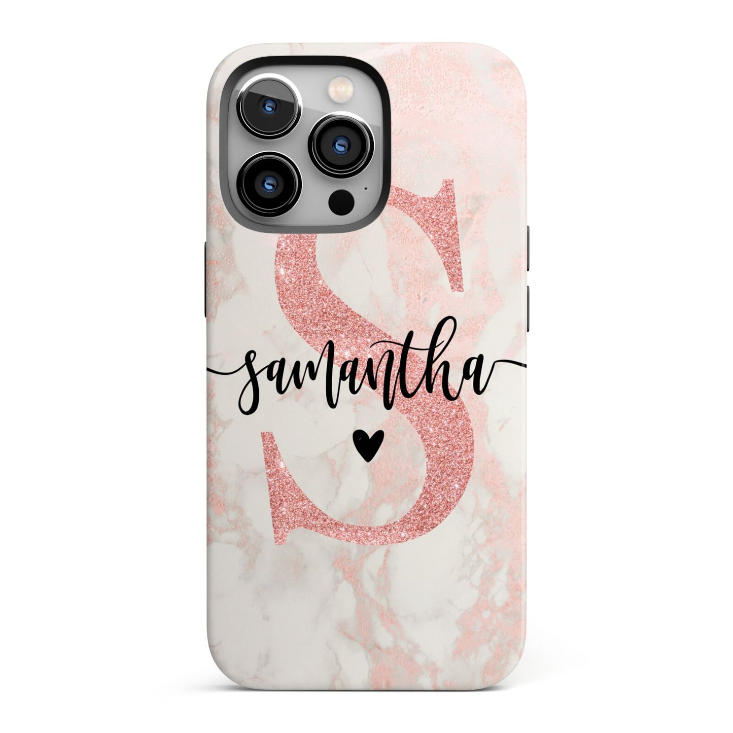 Pink Marble Glitter Monogram Personalised Name iPhone 13 Pro Full Wrap 3D Tough Case