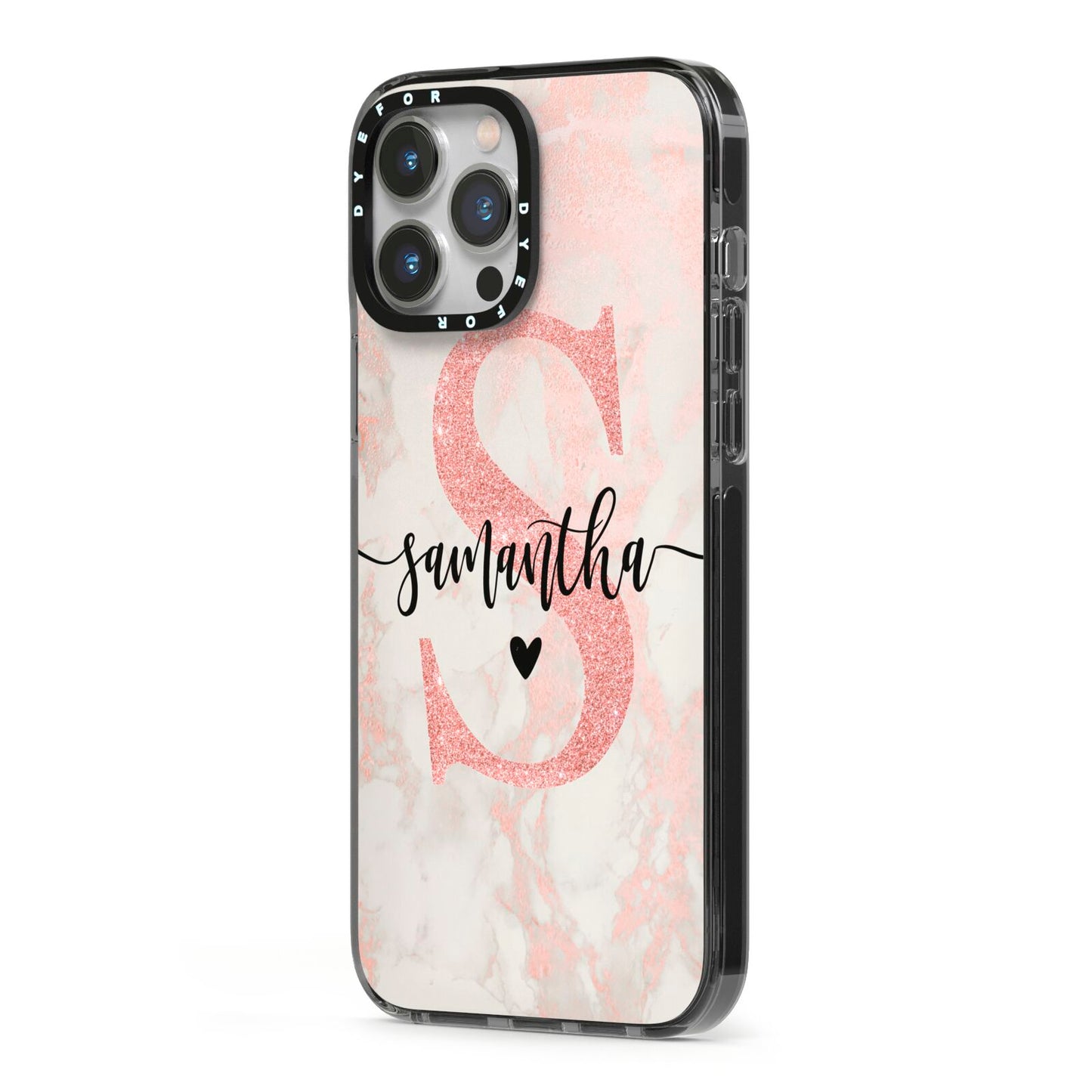 Pink Marble Glitter Monogram Personalised Name iPhone 13 Pro Max Black Impact Case Side Angle on Silver phone