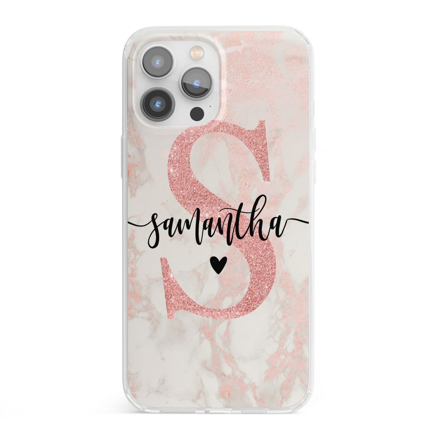 Pink Marble Glitter Monogram Personalised Name iPhone 13 Pro Max Clear Bumper Case