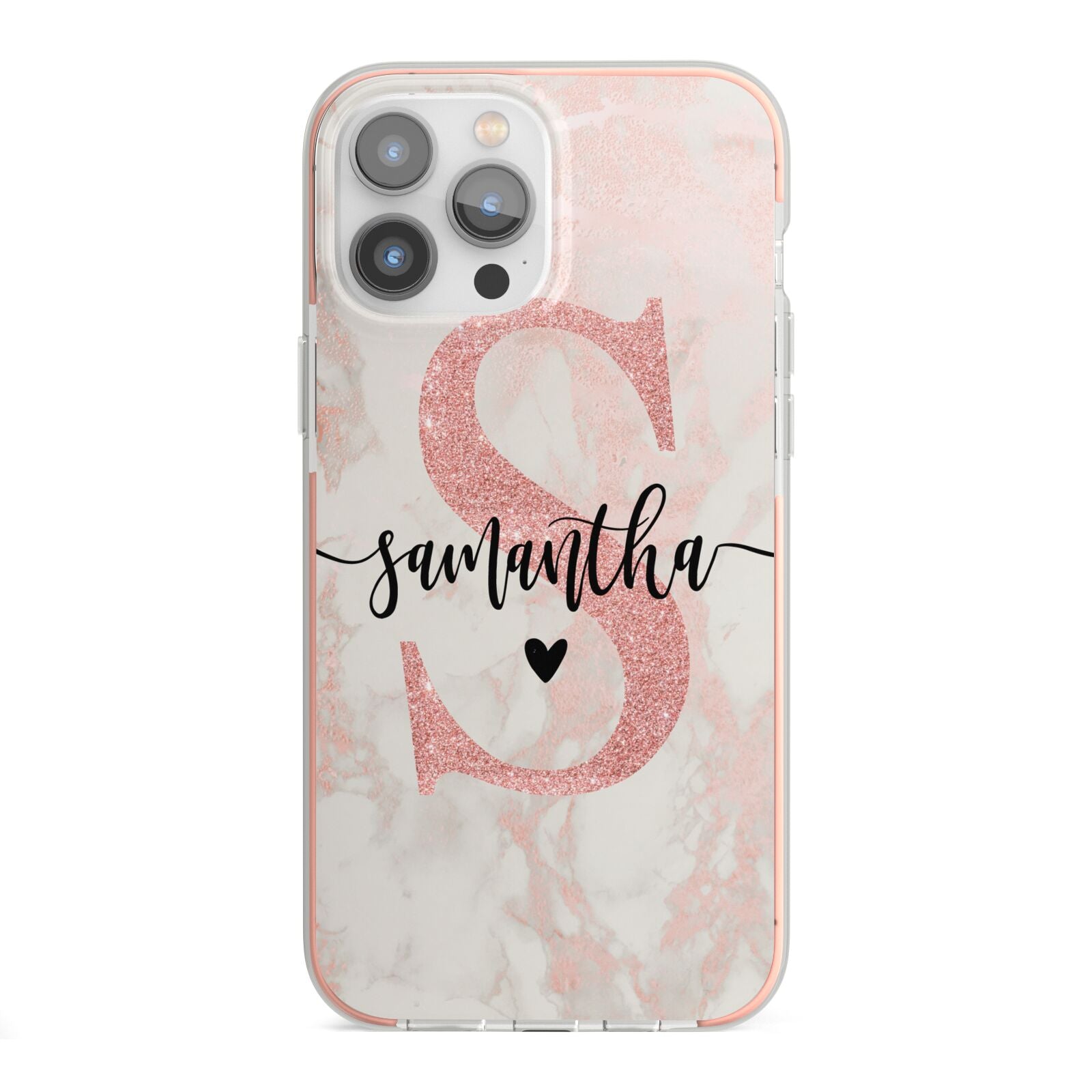 Pink Marble Glitter Monogram Personalised Name iPhone 13 Pro Max TPU Impact Case with Pink Edges