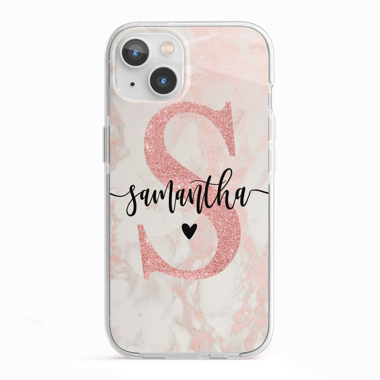 Pink Marble Glitter Monogram Personalised Name iPhone 13 TPU Impact Case with White Edges
