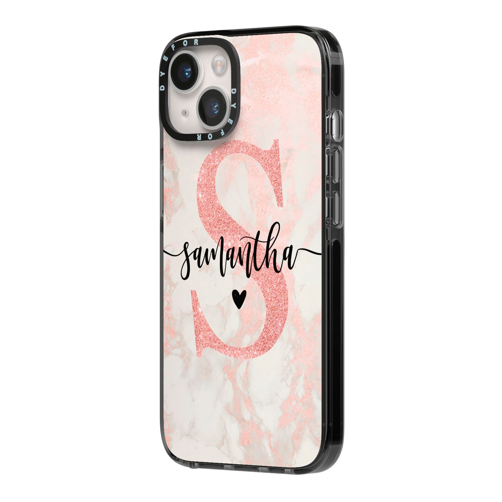 Pink Marble Glitter Monogram Personalised Name iPhone 14 Black Impact Case Side Angle on Silver phone