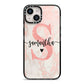 Pink Marble Glitter Monogram Personalised Name iPhone 14 Black Impact Case on Silver phone