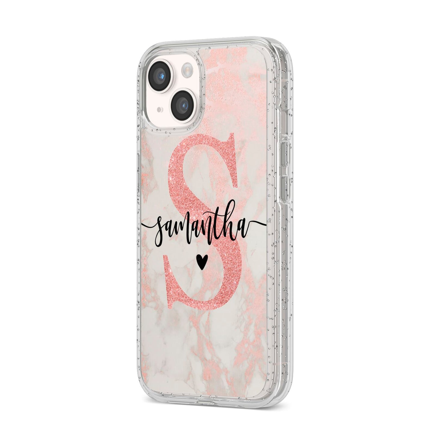 Pink Marble Glitter Monogram Personalised Name iPhone 14 Glitter Tough Case Starlight Angled Image