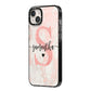 Pink Marble Glitter Monogram Personalised Name iPhone 14 Plus Black Impact Case Side Angle on Silver phone