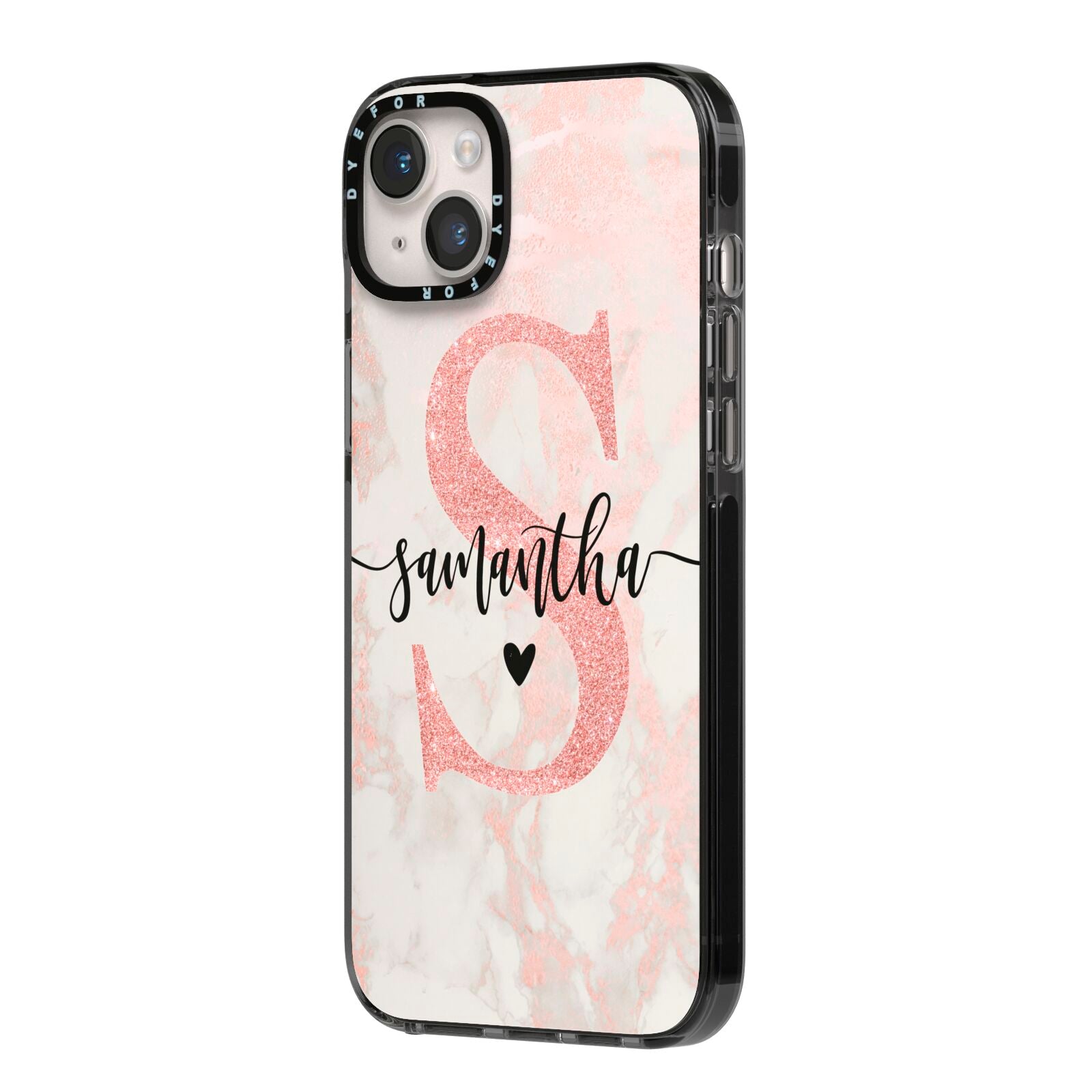 Pink Marble Glitter Monogram Personalised Name iPhone 14 Plus Black Impact Case Side Angle on Silver phone