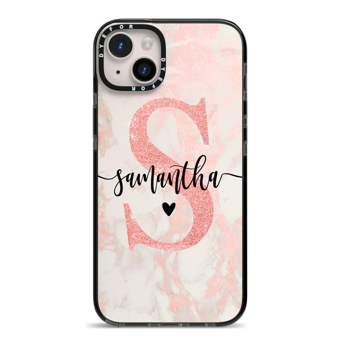Pink Marble Glitter Monogram Personalised Name iPhone 14 Plus Black Impact Case on Silver phone