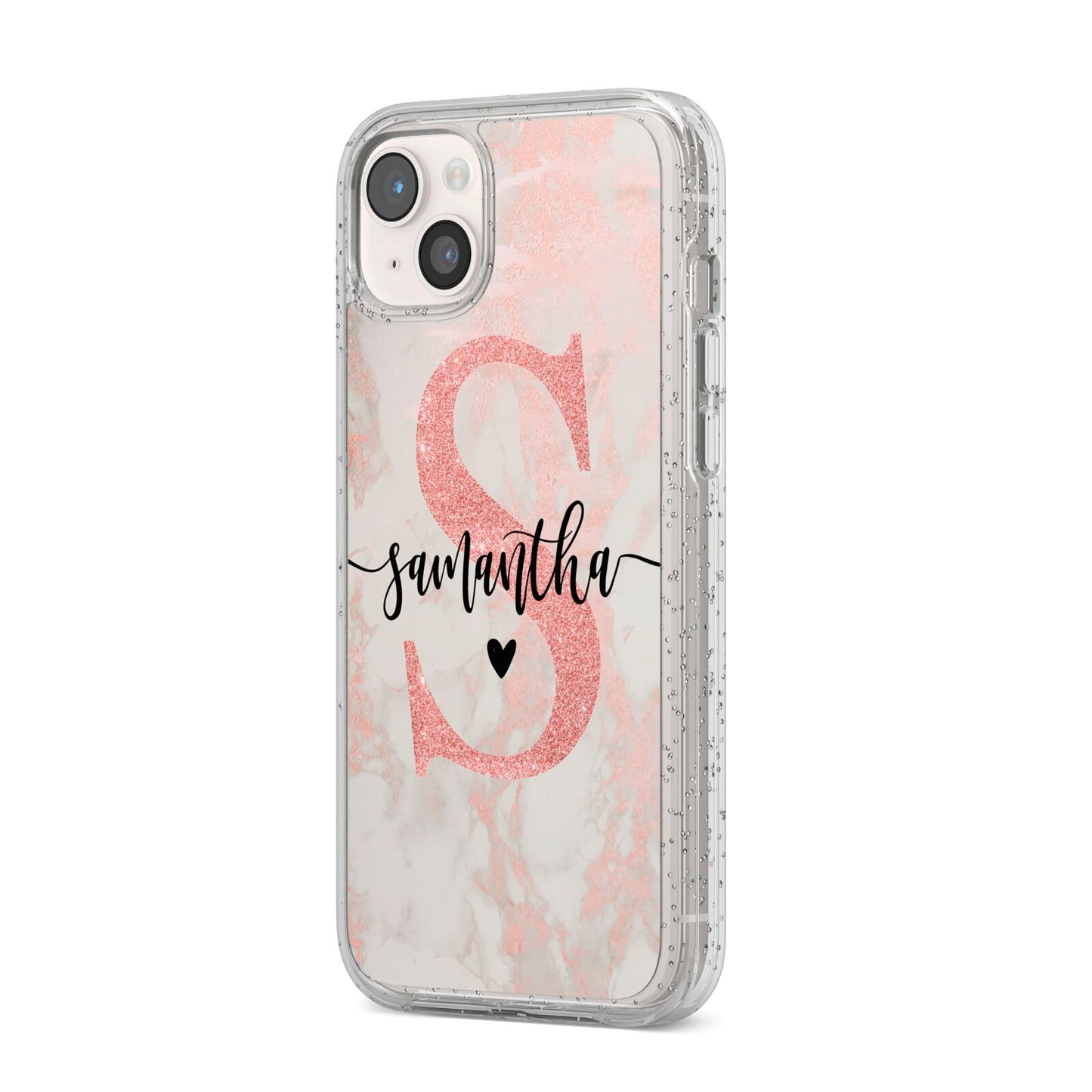 Pink Marble Glitter Monogram Personalised Name iPhone 14 Plus Glitter Tough Case Starlight Angled Image