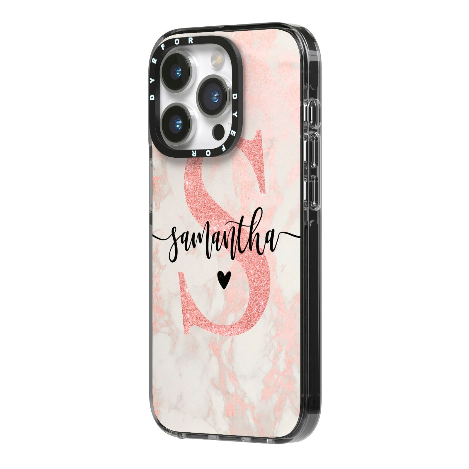 Pink Marble Glitter Monogram Personalised Name iPhone 14 Pro Black Impact Case Side Angle on Silver phone