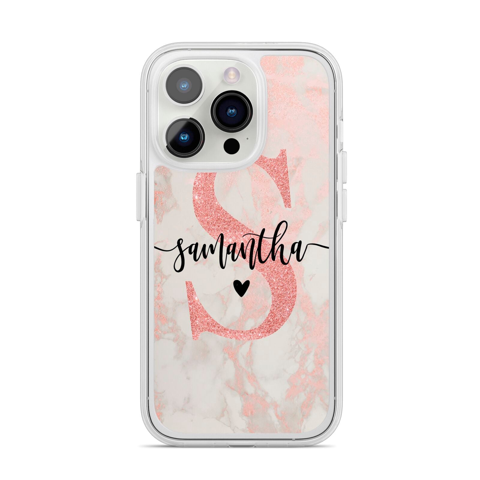 Pink Marble Glitter Monogram Personalised Name iPhone 14 Pro Clear Tough Case Silver