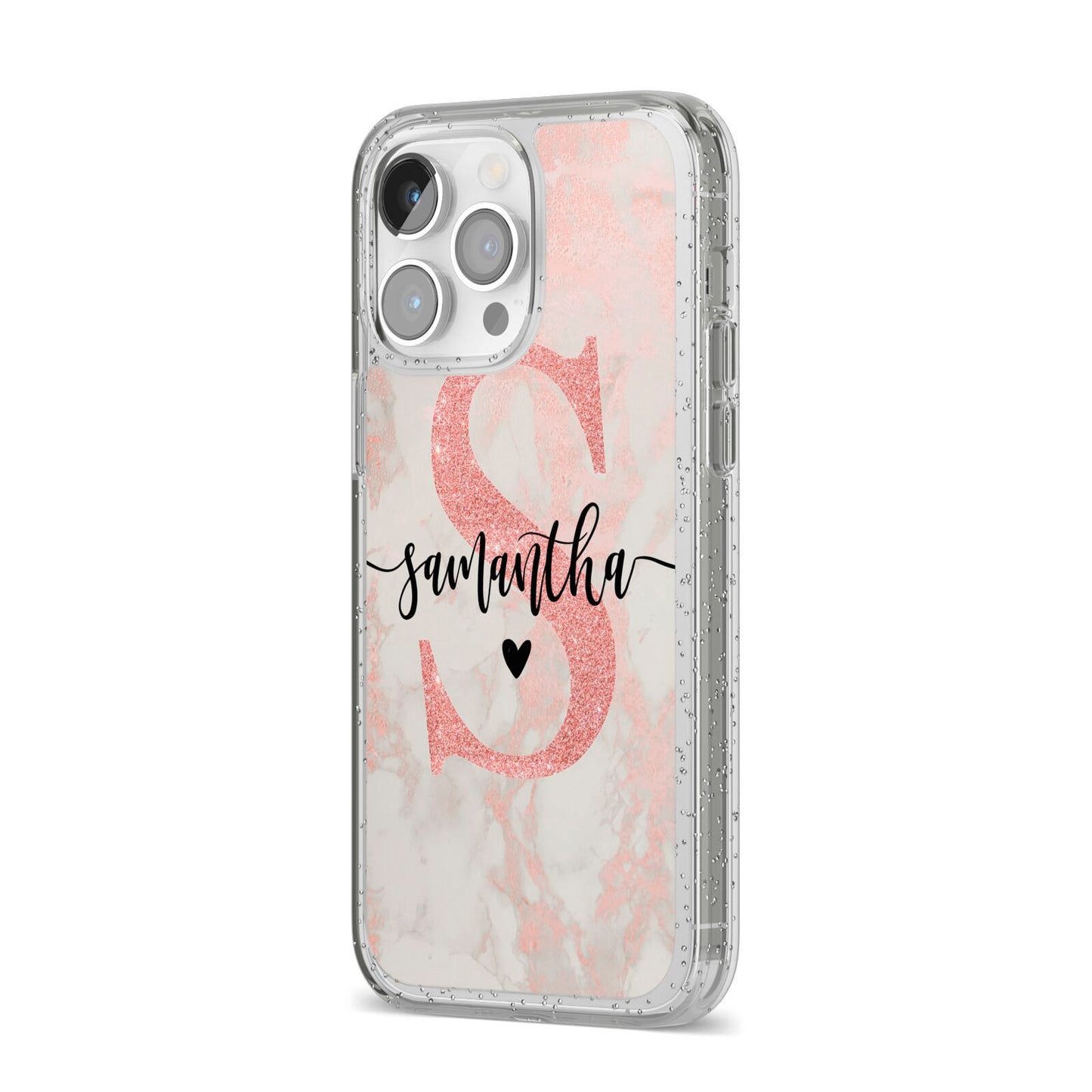 Pink Marble Glitter Monogram Personalised Name iPhone 14 Pro Max Glitter Tough Case Silver Angled Image