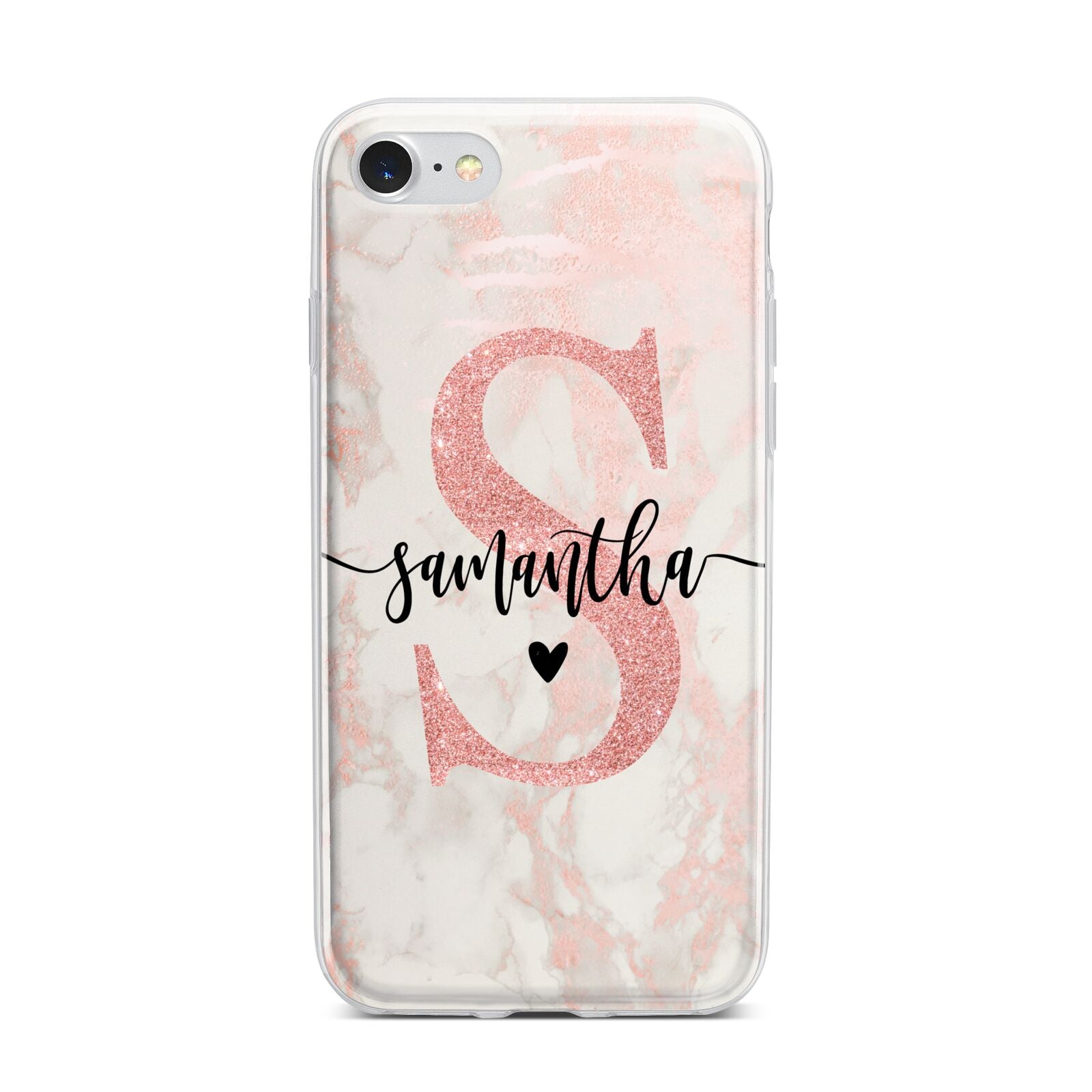 Pink Marble Glitter Monogram Personalised Name iPhone 7 Bumper Case on Silver iPhone