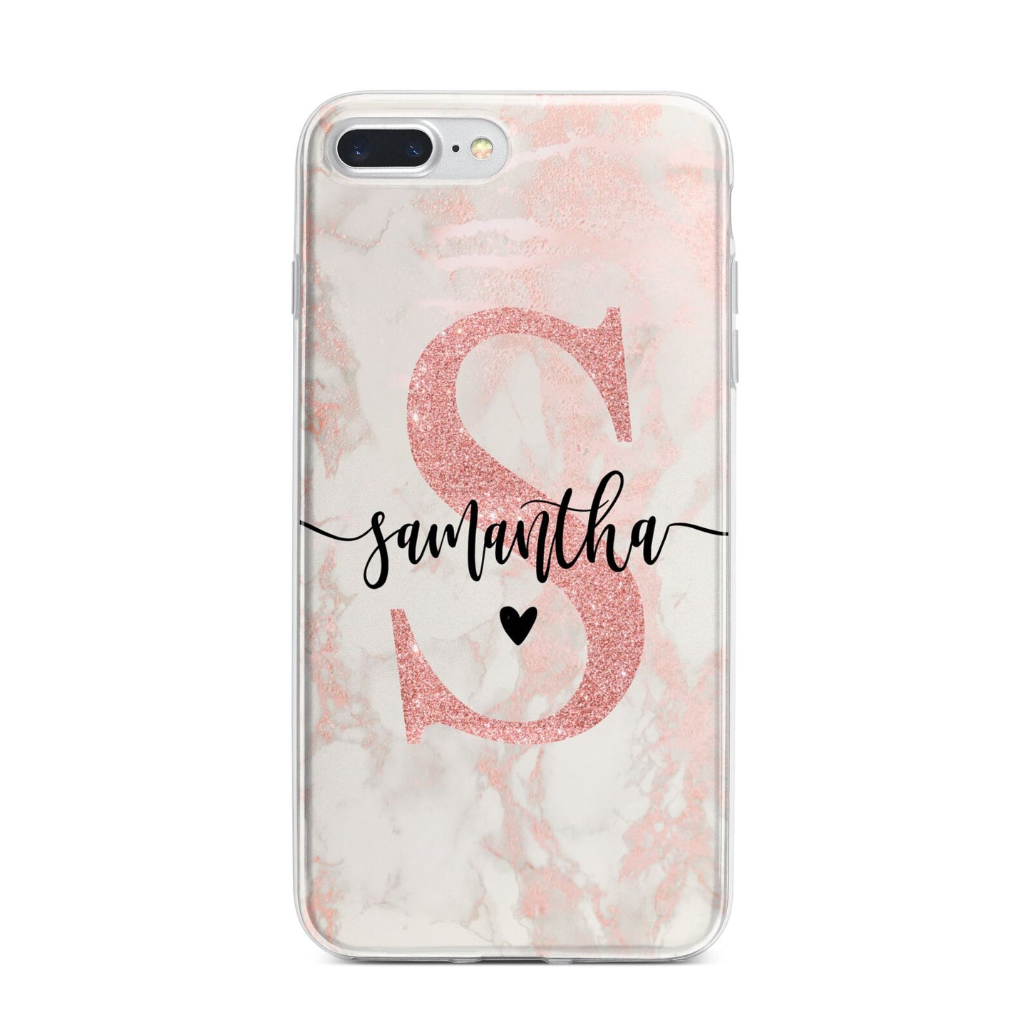 Pink Marble Glitter Monogram Personalised Name iPhone 7 Plus Bumper Case on Silver iPhone
