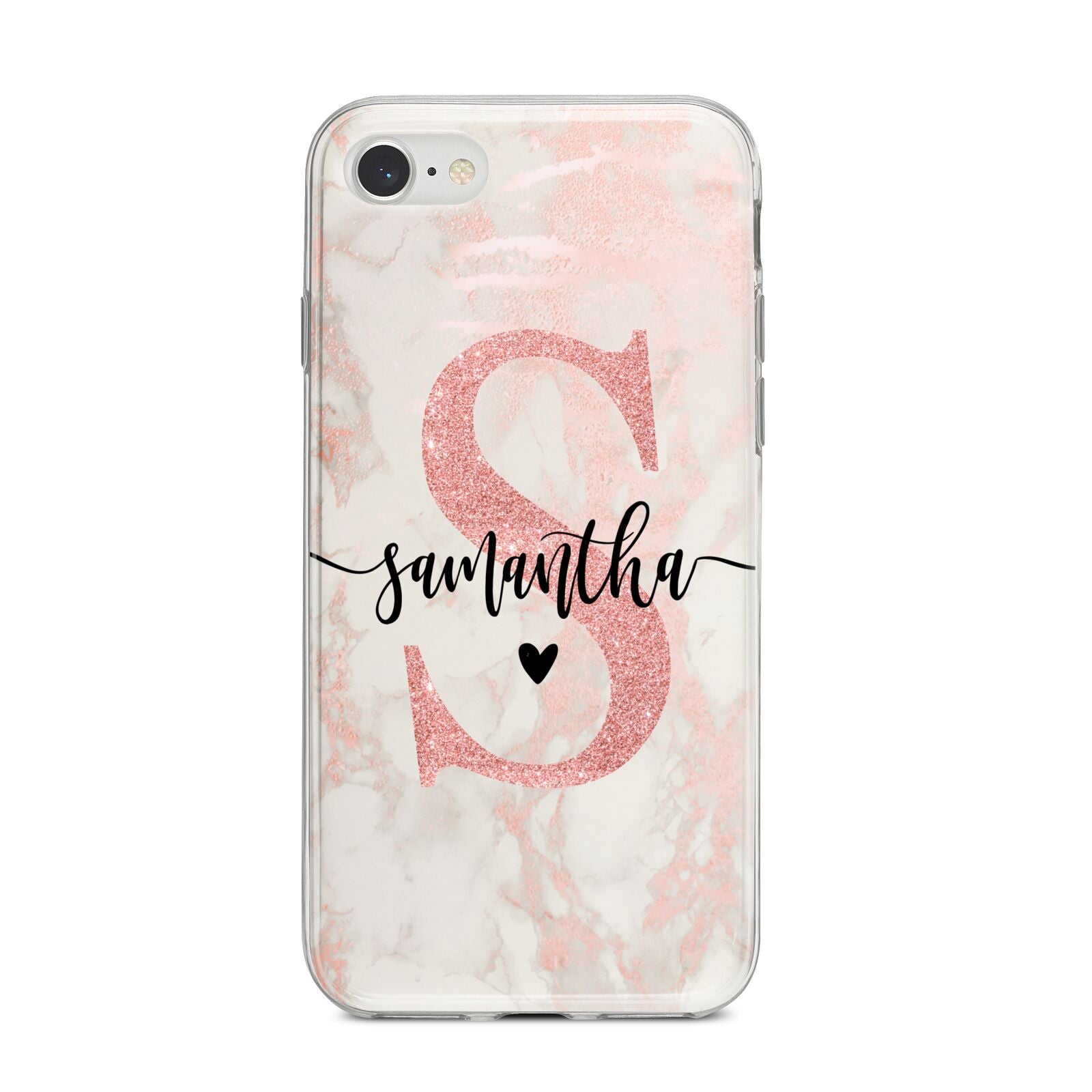 Pink Marble Glitter Monogram Personalised Name iPhone 8 Bumper Case on Silver iPhone