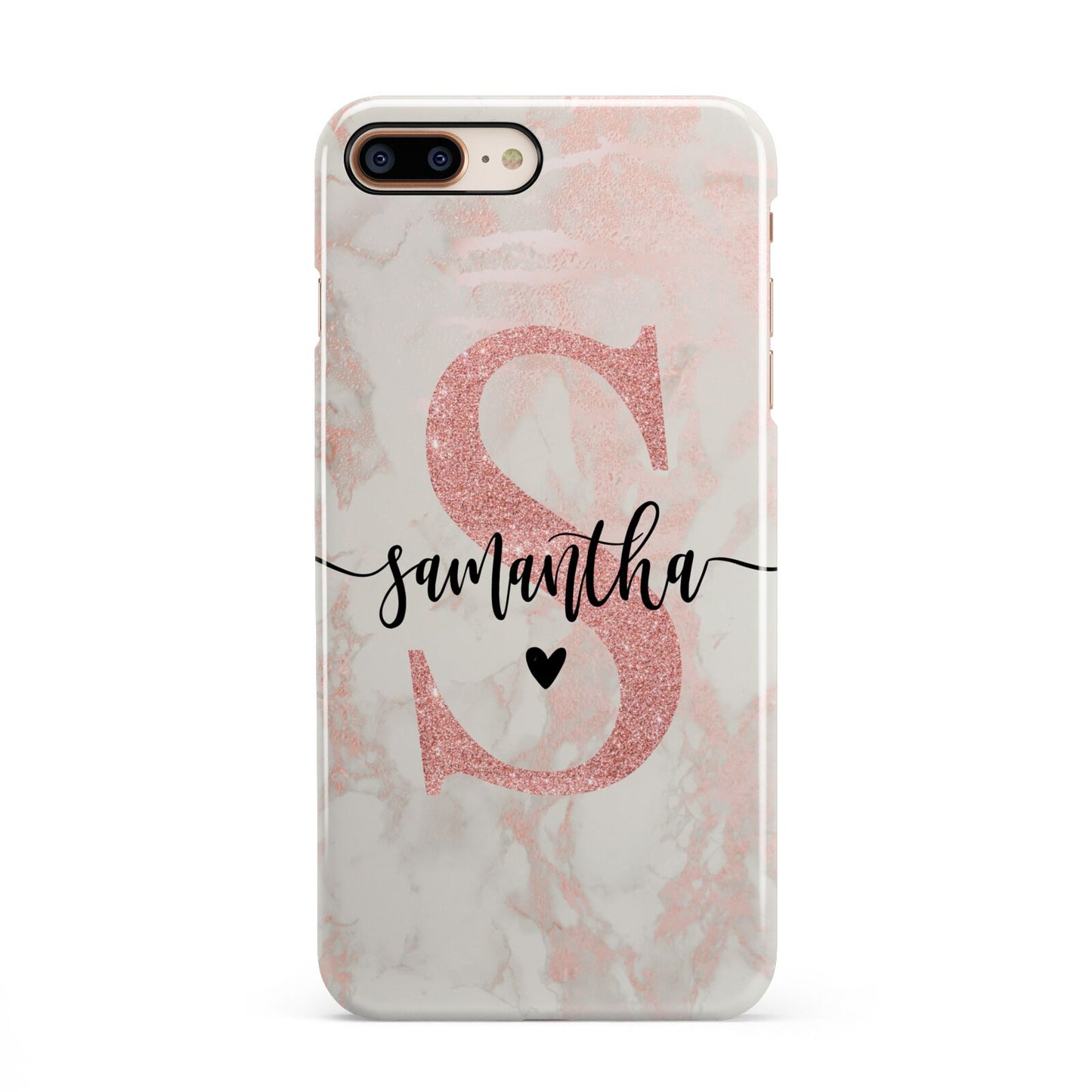 Pink Marble Glitter Monogram Personalised Name iPhone 8 Plus 3D Snap Case on Gold Phone
