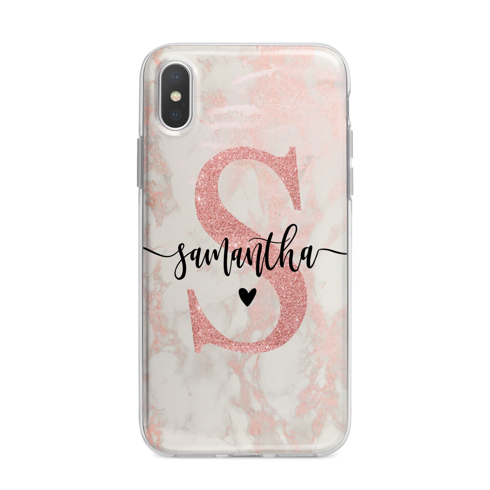 Pink Marble Glitter Monogram Personalised Name iPhone X Bumper Case on Silver iPhone Alternative Image 1