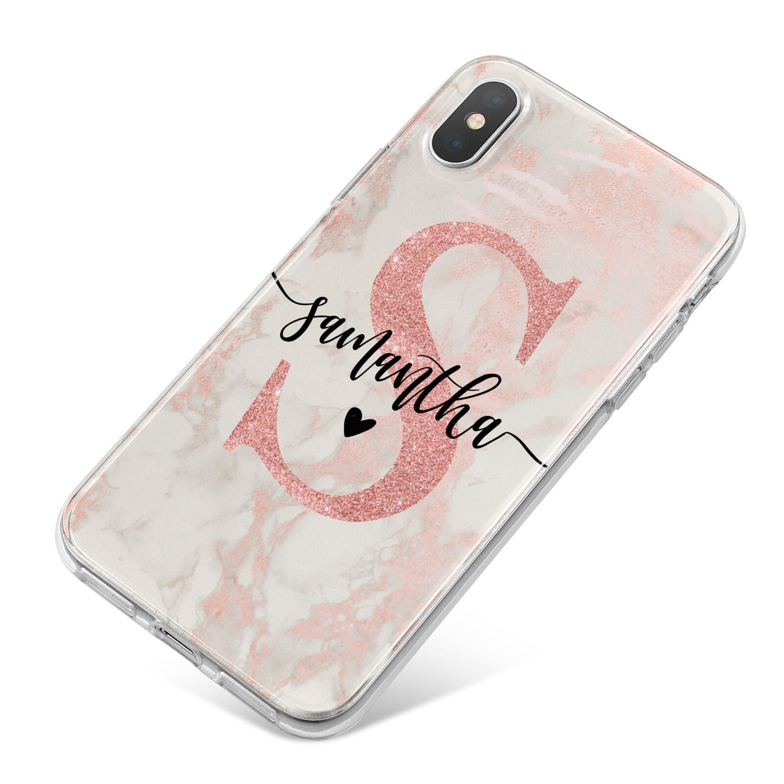 Pink Marble Glitter Monogram Personalised Name iPhone X Bumper Case on Silver iPhone