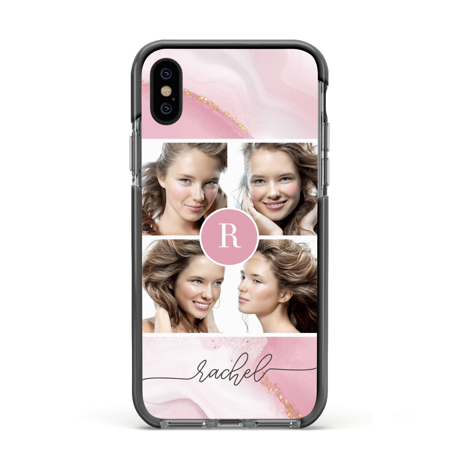 Pink Marble Personalised Photo Apple iPhone Xs Impact Case Black Edge on Black Phone