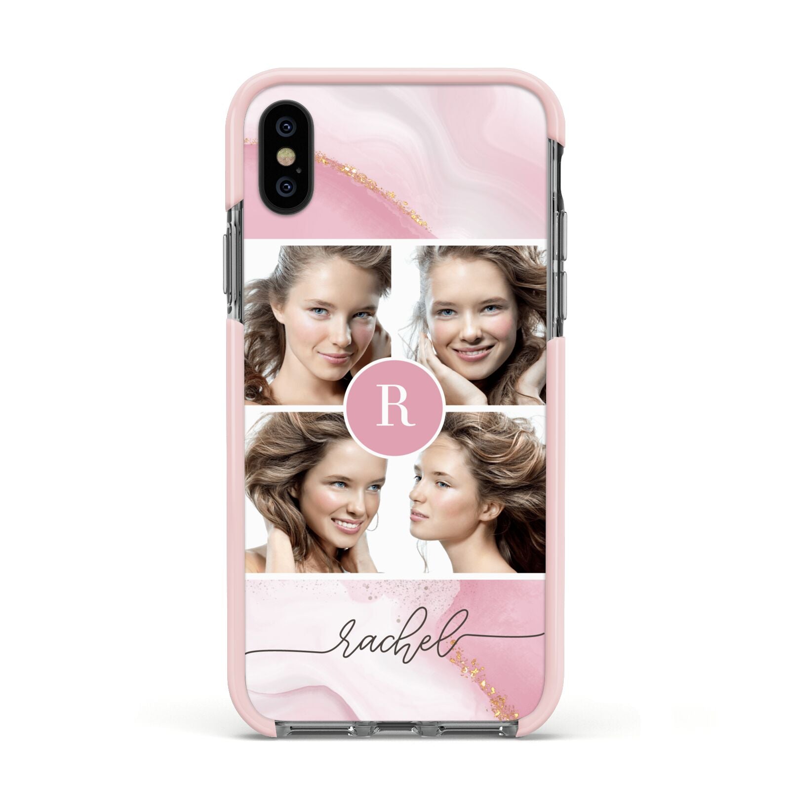 Pink Marble Personalised Photo Apple iPhone Xs Impact Case Pink Edge on Black Phone