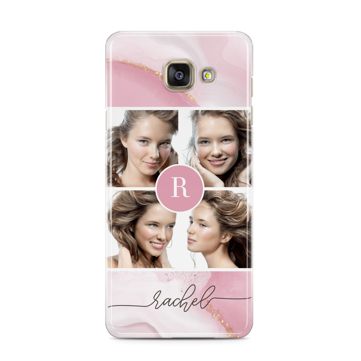 Pink Marble Personalised Photo Samsung Galaxy A3 2016 Case on gold phone