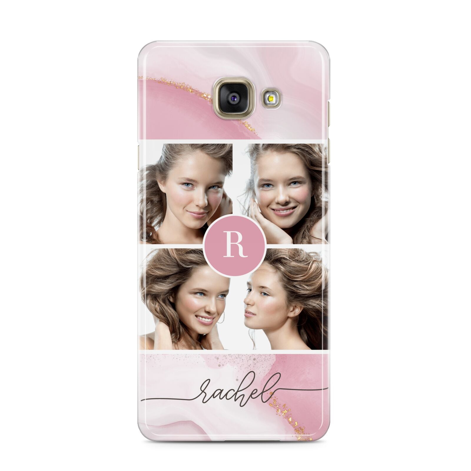 Pink Marble Personalised Photo Samsung Galaxy A3 2016 Case on gold phone